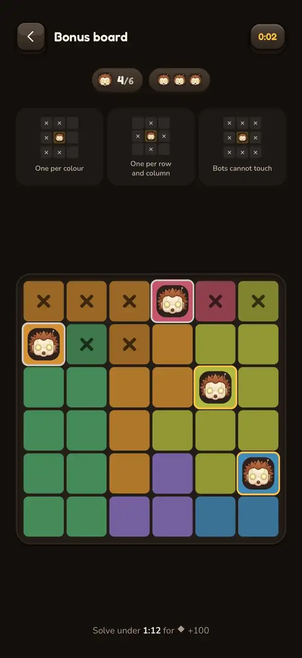 Beam's bonus board: a coloured grid with robot faces placed one per row and column