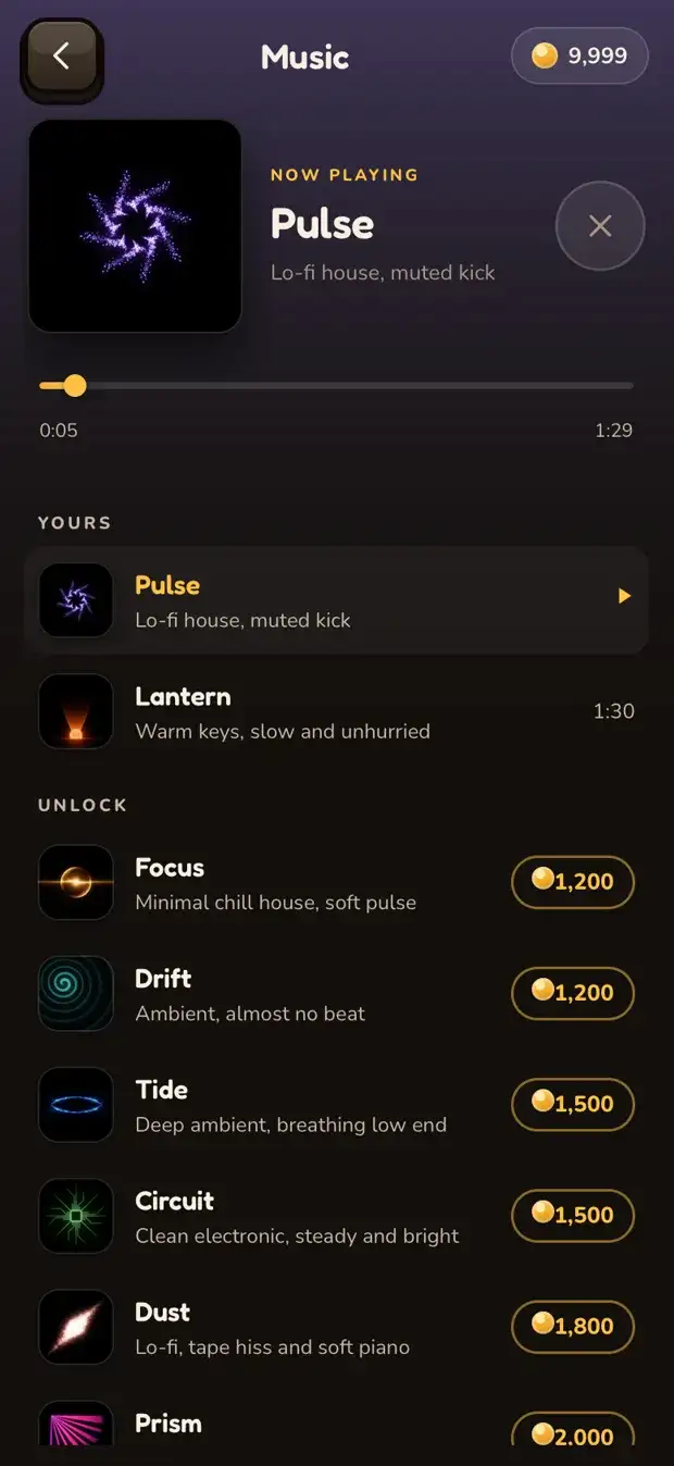 Beam's music library, showing the now-playing track, a scrubber and tracks to unlock