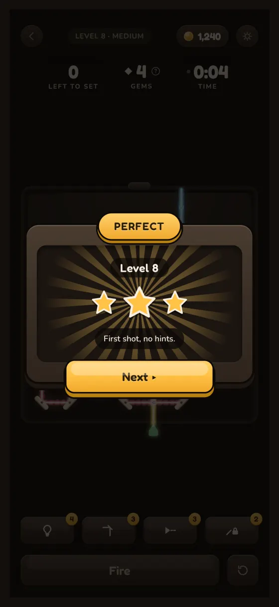 Beam's win screen showing a PERFECT result with three stars